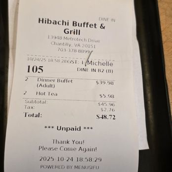 Hibachi Buffet & Grill - Bill for two - Buffets Near Me - Chantilly, Virginia