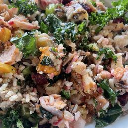 Root Awakening grain bowl with added kale, feta cheese and salmon