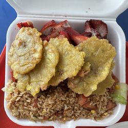China Sun - Costillas BBQ with fried rice and tostones al ajillo