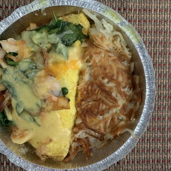 Blackbird Café - el cameron omelet: shrimp, diced potato, spanish spicy sausage, spinach, cheese + hollandaise sauce = $14.95 - Cafes Near Me - Long Beach, California Blackbird Café - el cameron omelet: shrimp, diced potato, spanish spicy sausage, spinach, cheese + hollandaise sauce = $14.95 - Cafes Near Me - Long Beach, California