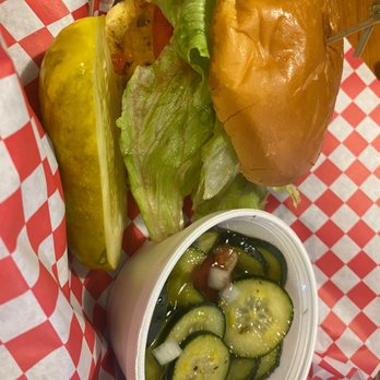 Poor Richard's Sandwich Shop - Lump Meat Crab Cake Sandwich and Cucumber Salad - Sandwiches Near Me - Manteo, North Carolina