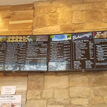 Bobacraft Cafe - Menu board lists the toppings and (H) means drink can be made hot. - Bubble Tea Near Me - Alhambra, California Bobacraft Cafe - Menu board lists the toppings and (H) means drink can be made hot. - Bubble Tea Near Me - Alhambra, California