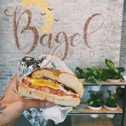 Bacon, Egg, Swiss cheese, BW specialty CC and Cheddar bagel.