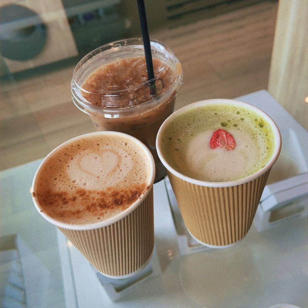 Iced Hazelnut Mocha Latte (top), Dirty Chai Latte (left), Strawberry Matcha Latte (right)