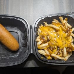 Corn dog and chilli cheese fries