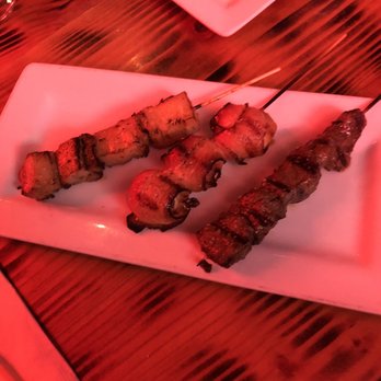 Umami - Robata- pork belly, bacon wrapped quail egg, wagyu beef (left to right) - Sushi Bars Near Me - Pittsburgh, Pennsylvania
