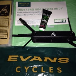 Evans Cycles - Goodie bag from Fix It evening!! :-) A puncture repost kit, a wee multi tool and a tube of chain oil! Stoked!