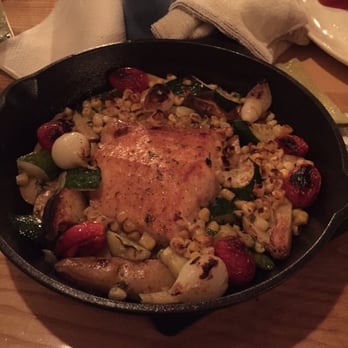 The Bench - Salmon and veggies served in a hot skillet. Great! - Pizza Near Me - Stowe, Vermont The Bench - Salmon and veggies served in a hot skillet. Great! - Pizza Near Me - Stowe, Vermont