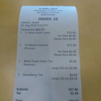 D Grill Boy - My receipt of what we ordered - Juice Bars & Smoothies Near Me - Ontario, California