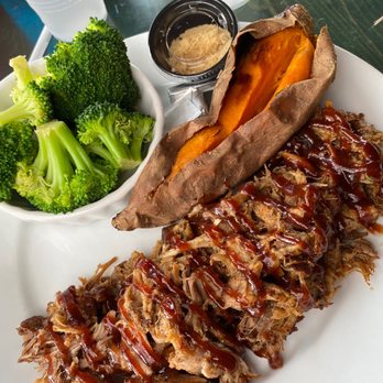 The Shack Riverfront - Pulled pork, Sweet potato,and broccoli - Seafood Near Me - Palm Bay, Florida The Shack Riverfront - Pulled pork, Sweet potato,and broccoli - Seafood Near Me - Palm Bay, Florida