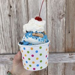 Frisbie's Dairy Barn Homemade Ice Cream - Our sundaes come with homemade hot fudge, whipped cream, a cherry, and your choice of topping!