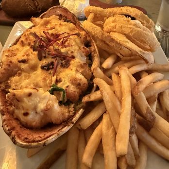 Boat House Grille - Shrimp mornay with fries and onion rings - Seafood Near Me - Essex, Massachusetts Boat House Grille - Shrimp mornay with fries and onion rings - Seafood Near Me - Essex, Massachusetts
