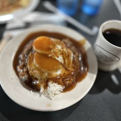 Loco Moco and coffee. They asked how you want the eggs - I got mine sunny side up. This was a perfect breakfast dish.