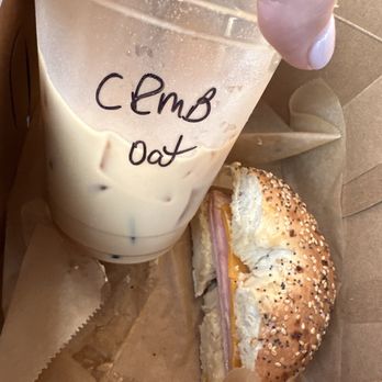 The Blend - Crème brûlée latte with oat milk, ham and cheese bagel with hummus - Coffee & Tea Near Me - Burlington, North Carolina