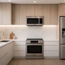 Modern, minimalist styled kitchen cabinets.