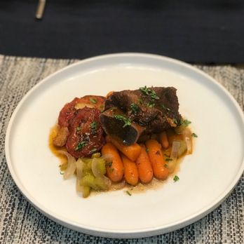 Personal Chef Sam Bodine - Braised short rib over coriander honey carrots, paired with charred Roma tomatoes and a sweet&spicy pickled celery slaw - Personal Chefs Near Me - Milton, Georgia
