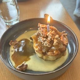 Dessert for my birthday: bread pudding with apple compote and candied walnuts. Absolutely delicious!