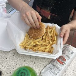 Burger, fries, and bosco stick