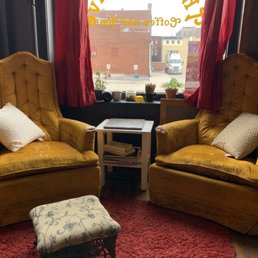 Eclectic, thrift store vibe with well worn seating Eclectic, thrift store vibe with well worn seating
