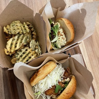ACRE - Top: Aonori Potato Fries /GF&Vegan & Japanese Egg Sandwich Bottom: Chicken Karaage Sandwich - Breakfast & Brunch Near Me - Brooklyn, New York