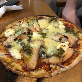 Turangi Tavern - $13 smoked salmon pizza with capers, cream cheese, red onions, and pesto. Delish! - Sports Bars Near Me - Turangi, WKO
