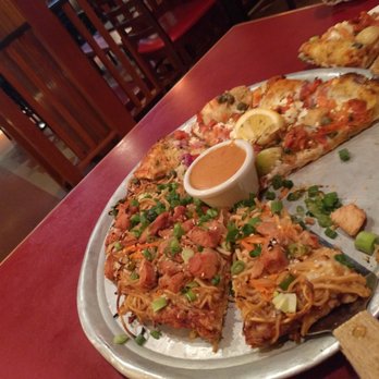 Me-n-Ed's Pizzeria - Thai Noodle pizza with smoked salmon Pizza half and half - Pizza Near Me - Burnaby, British Columbia