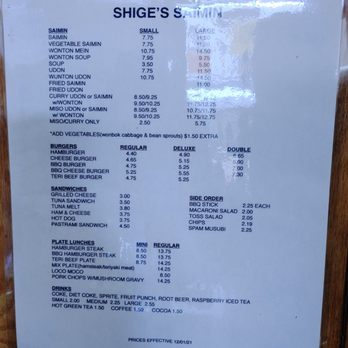 Shige's Saimin Stand - 1-22-2022 menu on wall - Japanese Near Me - Wahiawa, Hawaii