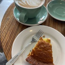 Olive oil cake and mocha.