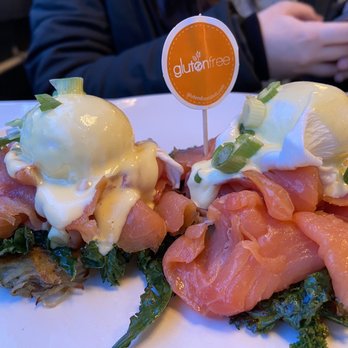 Friedman's - Benny Benedict: potato pancakes with salmon and poached egg! - Breakfast & Brunch Near Me - New York, New York