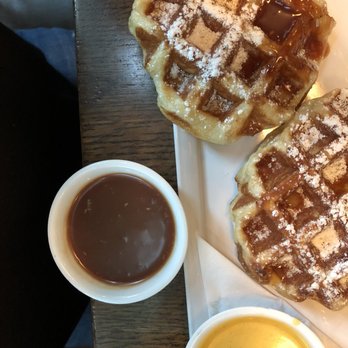 Medina Cafe - Liege waffles with passion fruit sauce and raspberry caramel sauce - Breakfast & Brunch Near Me - Vancouver, British Columbia Medina Cafe - Liege waffles with passion fruit sauce and raspberry caramel sauce - Breakfast & Brunch Near Me - Vancouver, British Columbia