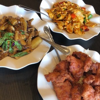 Golden Shanghai - From near to far: Crispy fish, basil chicken, empress chicken - Chinese Near Me - Denver, Colorado Golden Shanghai - From near to far: Crispy fish, basil chicken, empress chicken - Chinese Near Me - Denver, Colorado