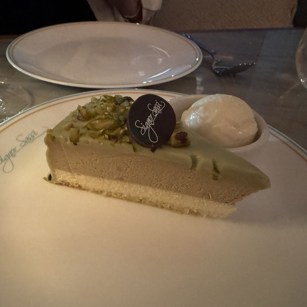 Signor Sassi - Pistachio Cake. Mousse specific. It was so-so. - Italian Near Me - Hallandale Beach, Florida Signor Sassi - Pistachio Cake. Mousse specific. It was so-so. - Italian Near Me - Hallandale Beach, Florida