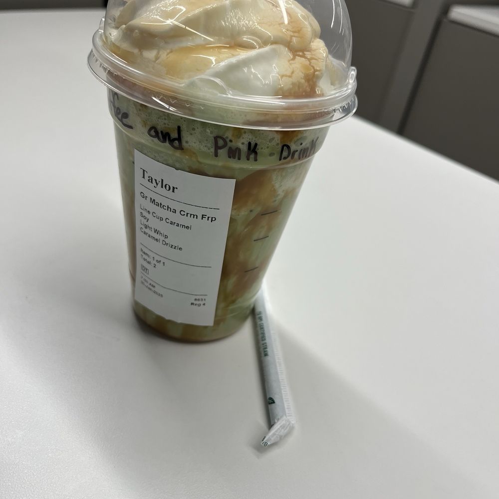 Green Tea Matcha Frappe w/carmel,whip and soy milk
