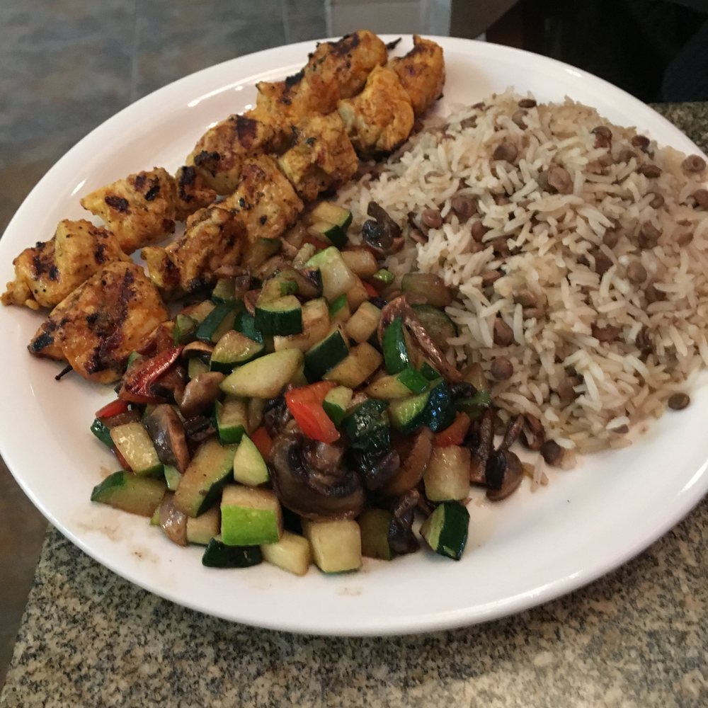 Haifa Restaurant - Chicken Kabob with two sides of your choice (here with vegetables and majadra). - Kosher Near Me - Los Angeles, California