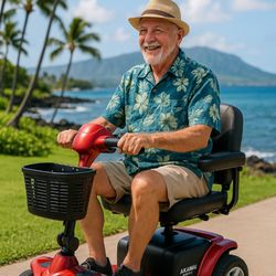 Akamai Mobility - Older man in a straw hat rides a red heavy-duty Akamai Mobility scooter with an ocean view in Waikoloa, Big Island Hawaii.