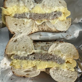 Village Bagels - sausage egg and cheese on a toasted everything bagel - Bagels Near Me - Stamford, Connecticut Village Bagels - sausage egg and cheese on a toasted everything bagel - Bagels Near Me - Stamford, Connecticut