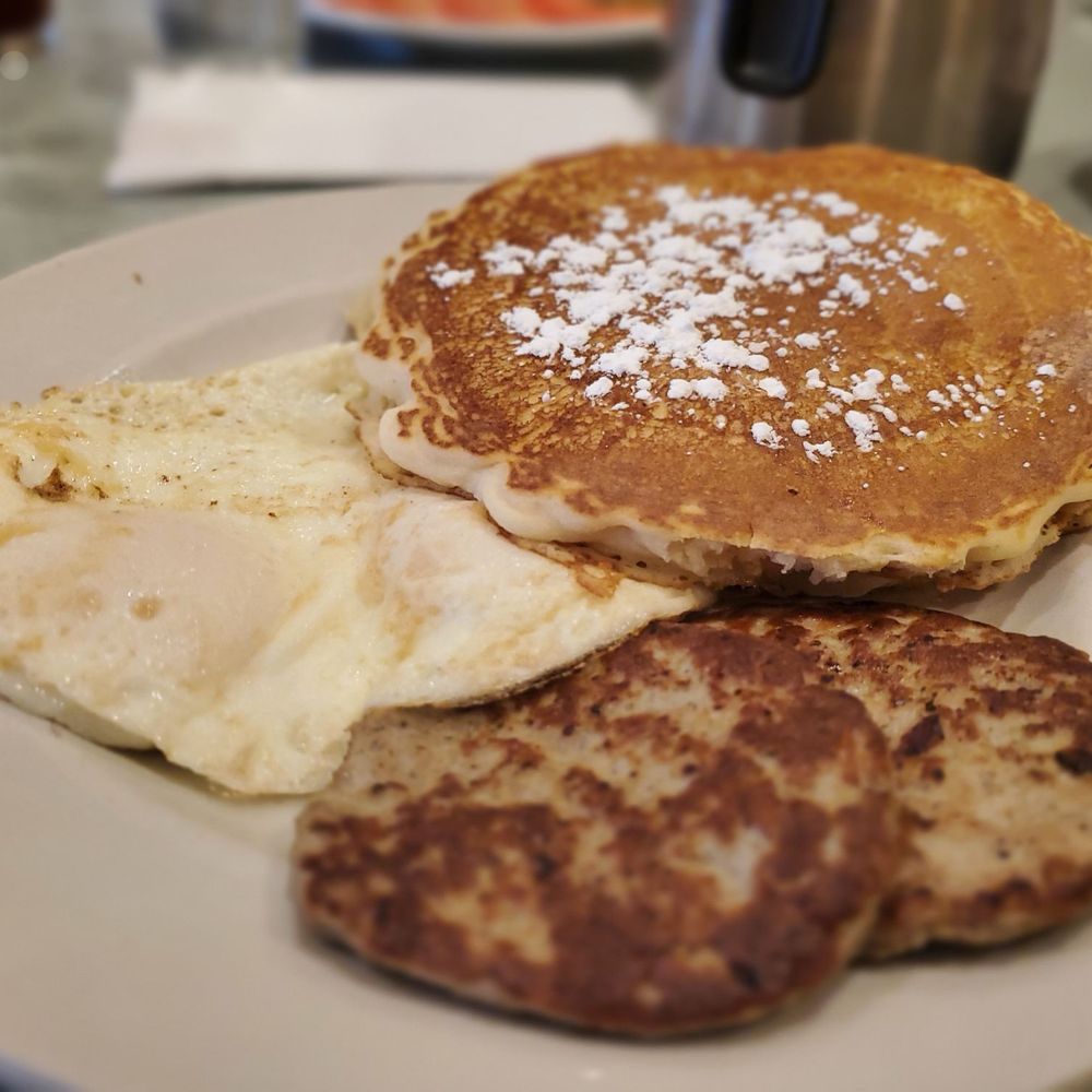 Fresh Start Cafe - Pancakes, turkey sausage and over medium eggs... - Breakfast & Brunch Near Me - Elmhurst, Illinois
