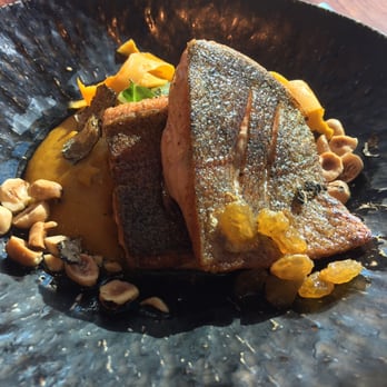 Sierra Mar - trout with black truffle, butternut squash, hazelnuts - New American Near Me - Big Sur, California Sierra Mar - trout with black truffle, butternut squash, hazelnuts - New American Near Me - Big Sur, California