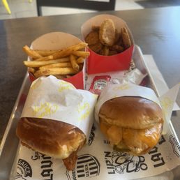 Chicken sandwiches, Fried Pickle Chips & Chicken Guy Fries