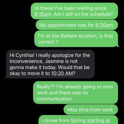 Hello Sugar | Bellaire - Brazilian Wax & Sugar Salon - First text message after waiting for a while and not seeing anyone