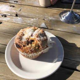 Raspberry chocolate chip muffin. Gluten free but you couldn't tell! - A muffin topped with sugar crystals sits on a white plate on a weathered wooden table, with a beverage and a metal stand nearby.