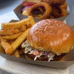 Flavor Bandits Food Truck - Hot honey chicken sandwich and onion rings
