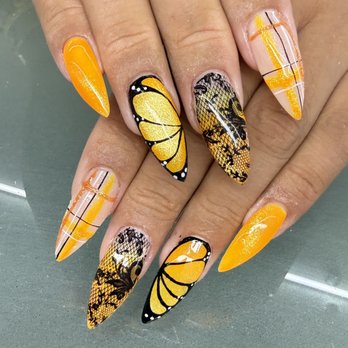American Nails - Beautiful autumn orange and black set by Yvette! She does amazing work and can fix nail problems while making your hands look gorgeous! - Nail Salons Near Me - Las Vegas, Nevada American Nails - Beautiful autumn orange and black set by Yvette! She does amazing work and can fix nail problems while making your hands look gorgeous! - Nail Salons Near Me - Las Vegas, Nevada