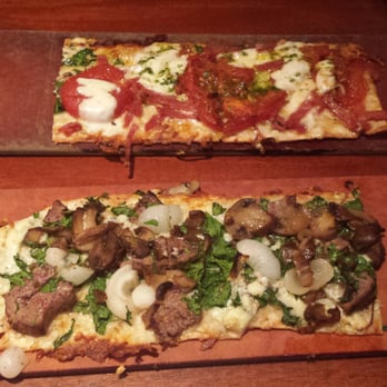Seasons 52 - Blackened Steak &  Blue Cheese Flatbread and All-Natural Pepperoni Flatbread. So delicious. - New American Near Me - Boca Raton, Florida