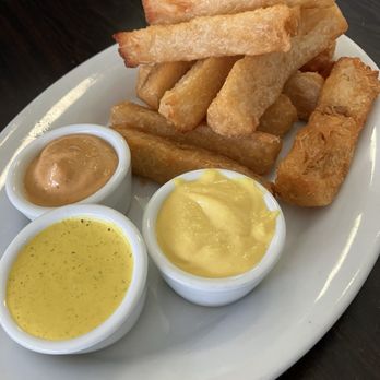 Limeña Peruvian Eatery - Fried Yuca with 3 sauces - Delish! - Peruvian Near Me - Thousand Oaks, California Limeña Peruvian Eatery - Fried Yuca with 3 sauces - Delish! - Peruvian Near Me - Thousand Oaks, California
