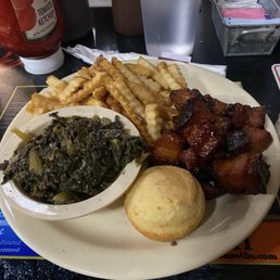 Pork belly burnt ends with super green and Crinkle Cut French Fries Pork belly burnt ends with super green and Crinkle Cut French Fries
