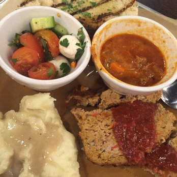 Urban Plates - Turkey meatloaf, mashed potatoes, caprese salad, and chicken veggie soup - Salad Near Me - Pasadena, California
