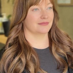 Hair by Jessie Mae - Complete transformation, including tape and hair extensions, faux clip-in bangs, and a light dimensional auburn hair color. By Jessie Mae