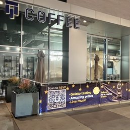 Exterior outside entrance of Qargo Coffee - Front of Qargo at night - Long Beach, California Exterior outside entrance of Qargo Coffee - Front of Qargo at night - Long Beach, California