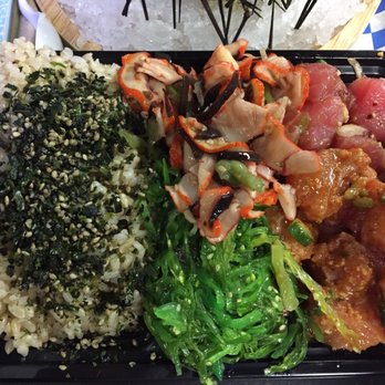 Seattle Fish Guys - Poke bowl with spicy salmon, spicy tuna, squid salad, and seaweed salad with brown rice - Seafood Markets Near Me - Seattle, Washington Seattle Fish Guys - Poke bowl with spicy salmon, spicy tuna, squid salad, and seaweed salad with brown rice - Seafood Markets Near Me - Seattle, Washington